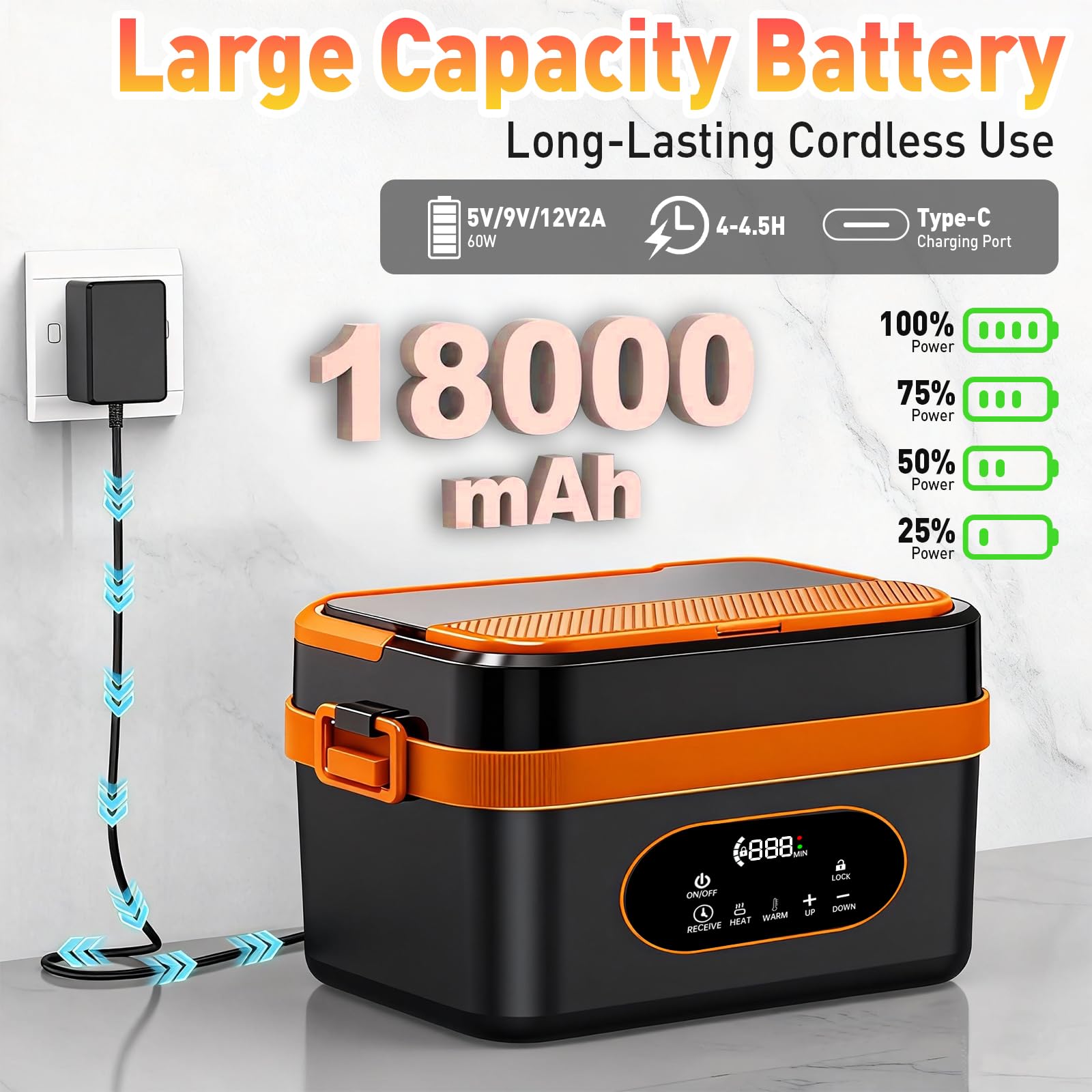 Upgrade 1.5L Fiambrera Electrica, Fiambreras Comida Trabajo Calentador de Almuerzo Autocalentable Recargable para el Trabajo Oficina Viaje en Automóvil Camping Interior y Exterior
