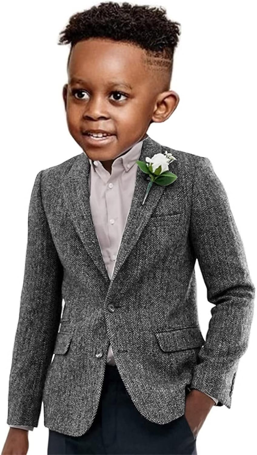 Boys Suit Wedding Tuxedo Jacket Vintage Herringbone Coat for Kids Wool Winter Warm Lapel Blazer Child
