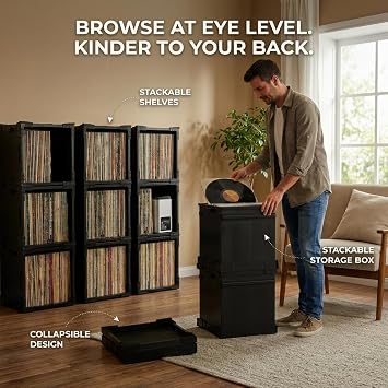 HumminGuru FlexiCube Vinyl Record Storage Box Stackable Organizer for 12 Records, Holds 70 LPs | Modular Vinyl Shelf & Collapsible Storage Crate. Durable & Portable Space-Saving Design (3 Cubes)