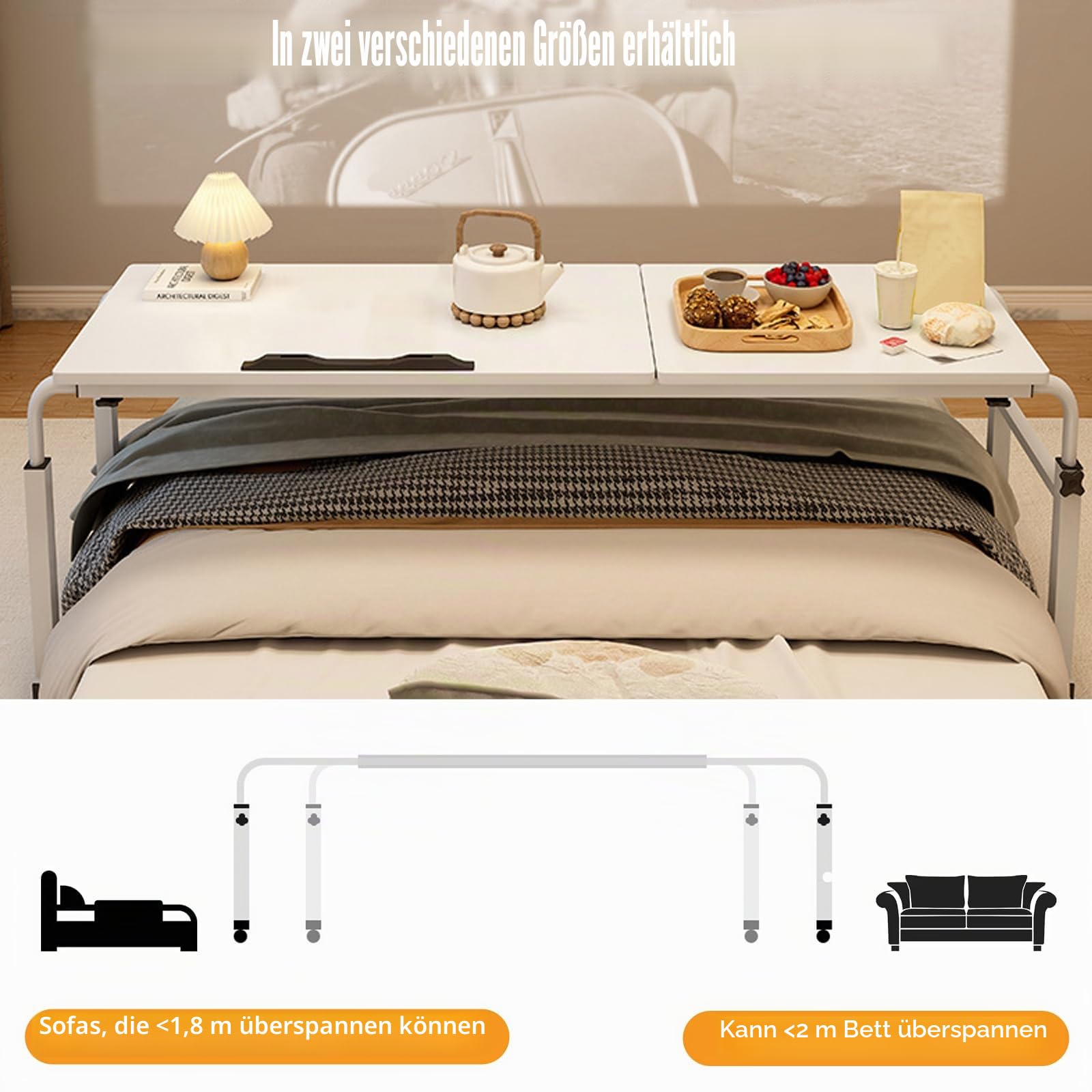Überbetttisch Mit Rollen, Betttisch Verstellbarer Höhe Länge Mobiler Schreibtisch Über-Betttisch Beistelltische Fürs Wohnzimmer Drehbarer Laptopständer Für Bett Sofa Büro 120 * 40CM Weiß