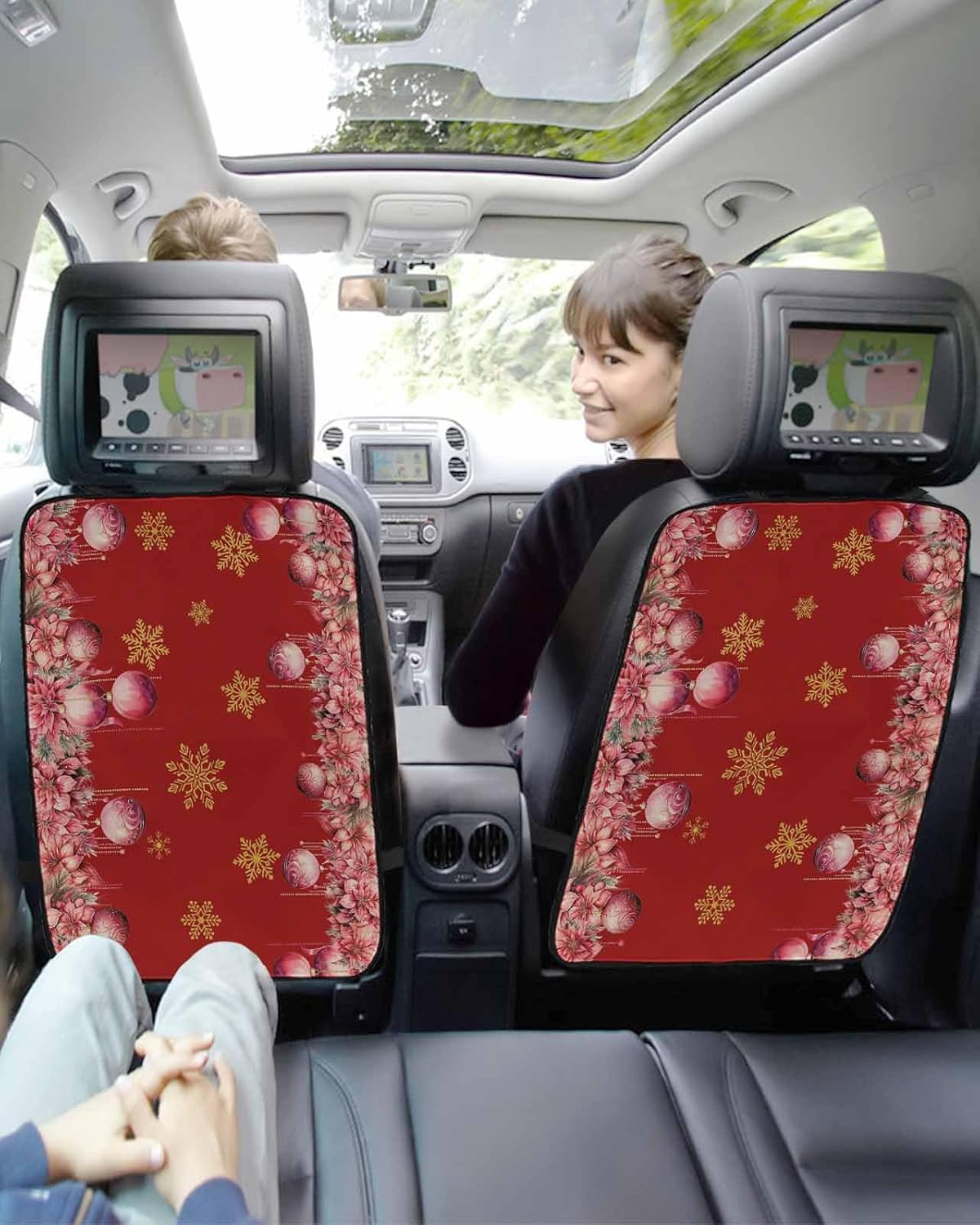 Car Seat Protector, 2 Pack Kick Mats Back Seat Protector Pink Christmas Balls Poinsettia Floral Winter Snowflake Red Waterproof Backseat Cover for Kids Universal Fit Automotive Interior Protectors