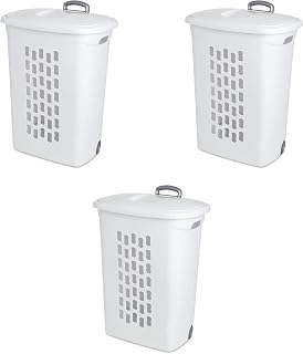 Sterilite 12228003 Ultra Wheeled Hamper, White Lid & Base w/ Plastic Handle & Wheels, 3-Pack