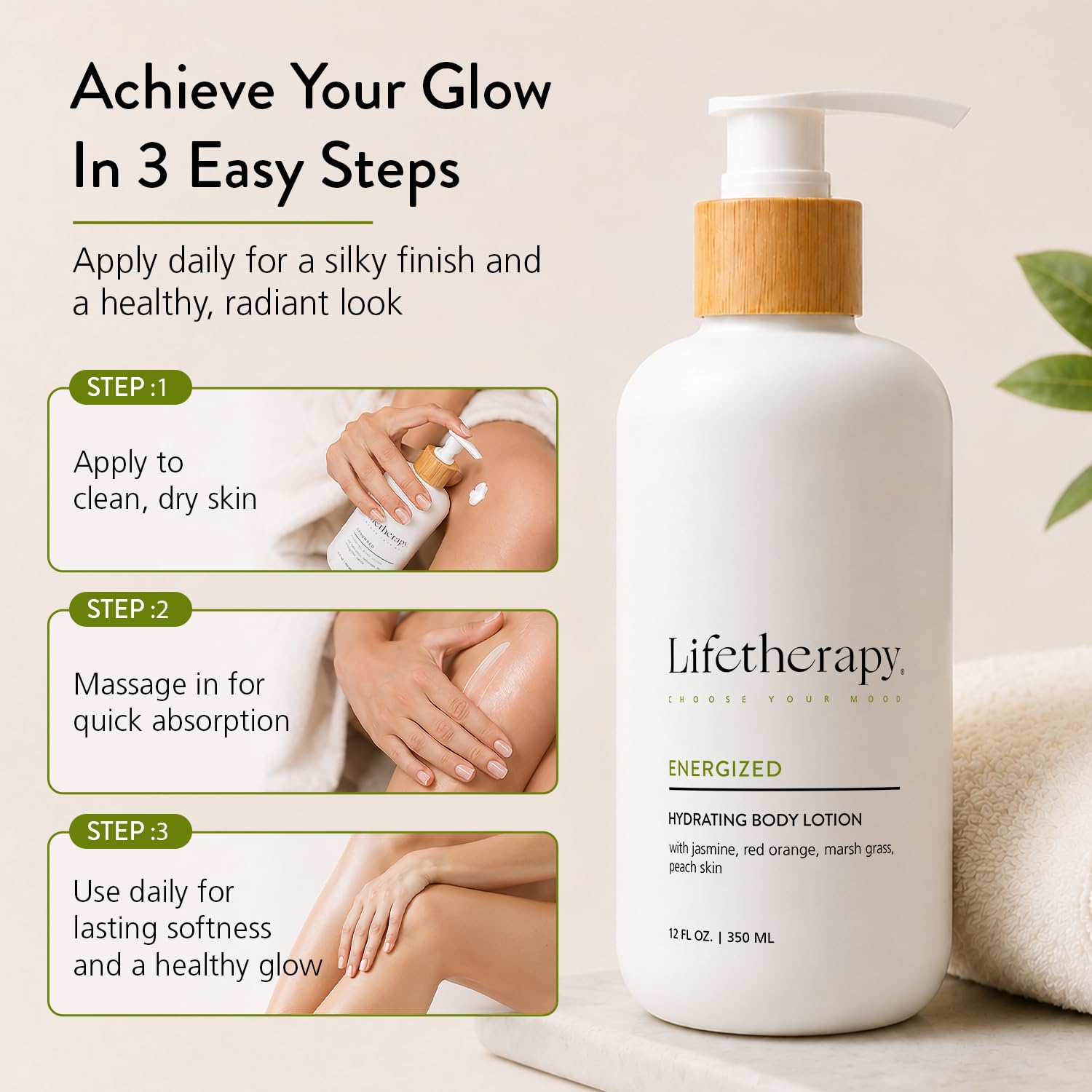 Lifetherapy Body Lotion for Dry & Sensitive Skin, Hydrating Lightweight Non-Greasy Moisturizer, Vegan Gluten Free Clean Beauty, Energized Fragrance, Daily Use for Women & Men 12oz