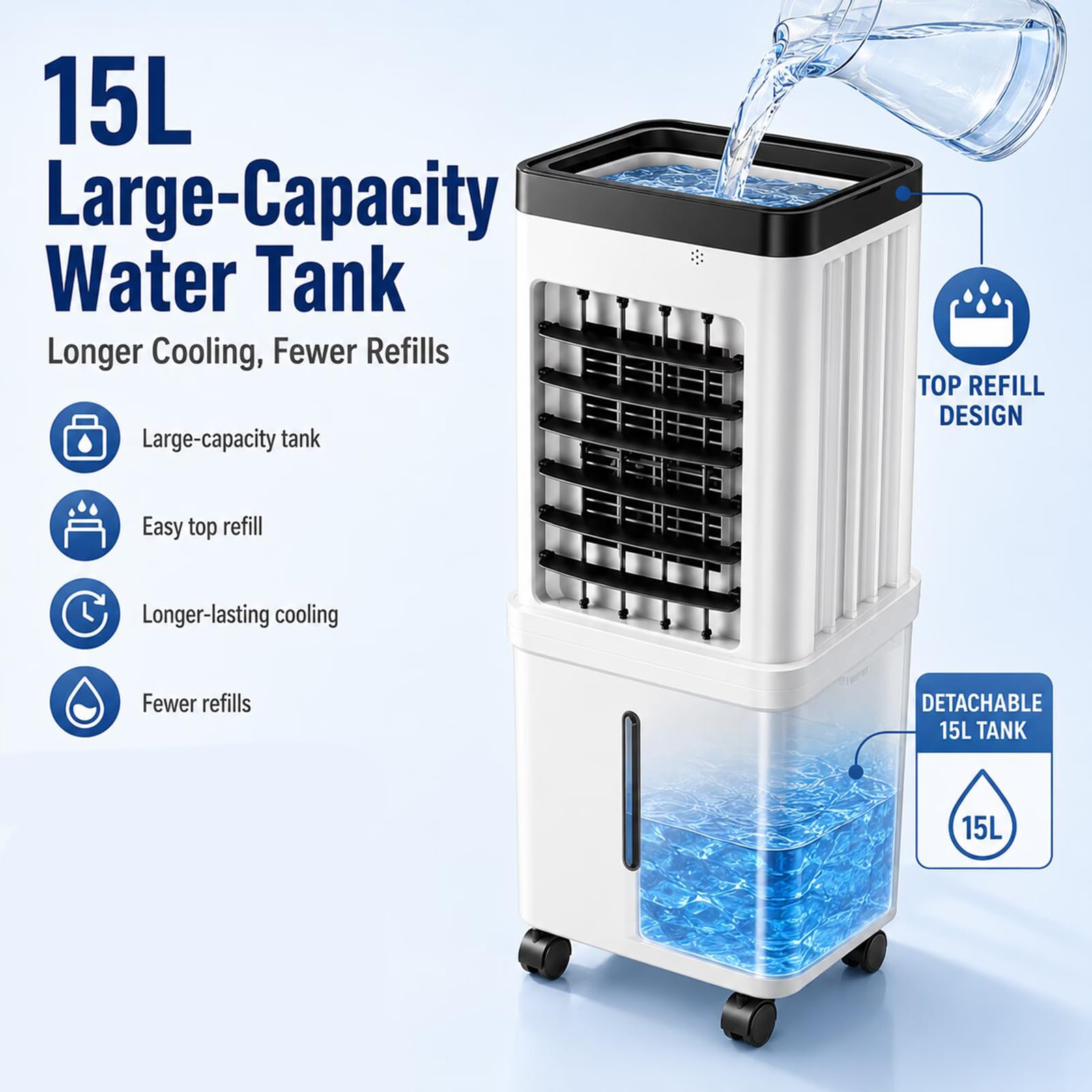 Climatizador Evaporativo con Depósito de 15L Desmontable, Aire Acondicionado Portátil con Temporizador de 7.5 Horas, Enfriador de Aire con Mando a Distancia para Hogar y Oficina