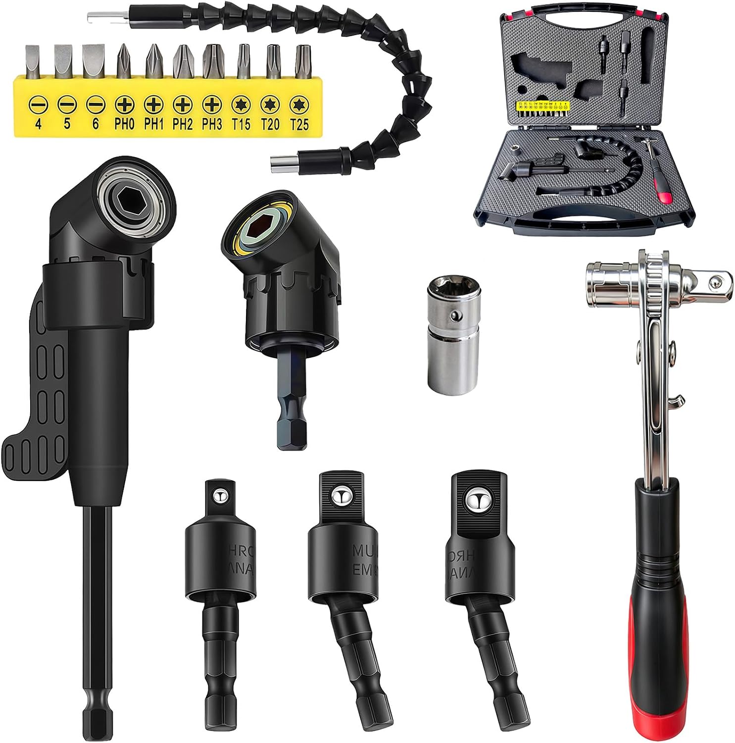 18Pcs Right Angle Drill Attachment & Screwdriver Adapter Kit | Flexible Drill Bit Extension for Tight Spaces, 105 Degree Impact Driver Socket Bits Set, Mini Ratchet, Cr-V Steel