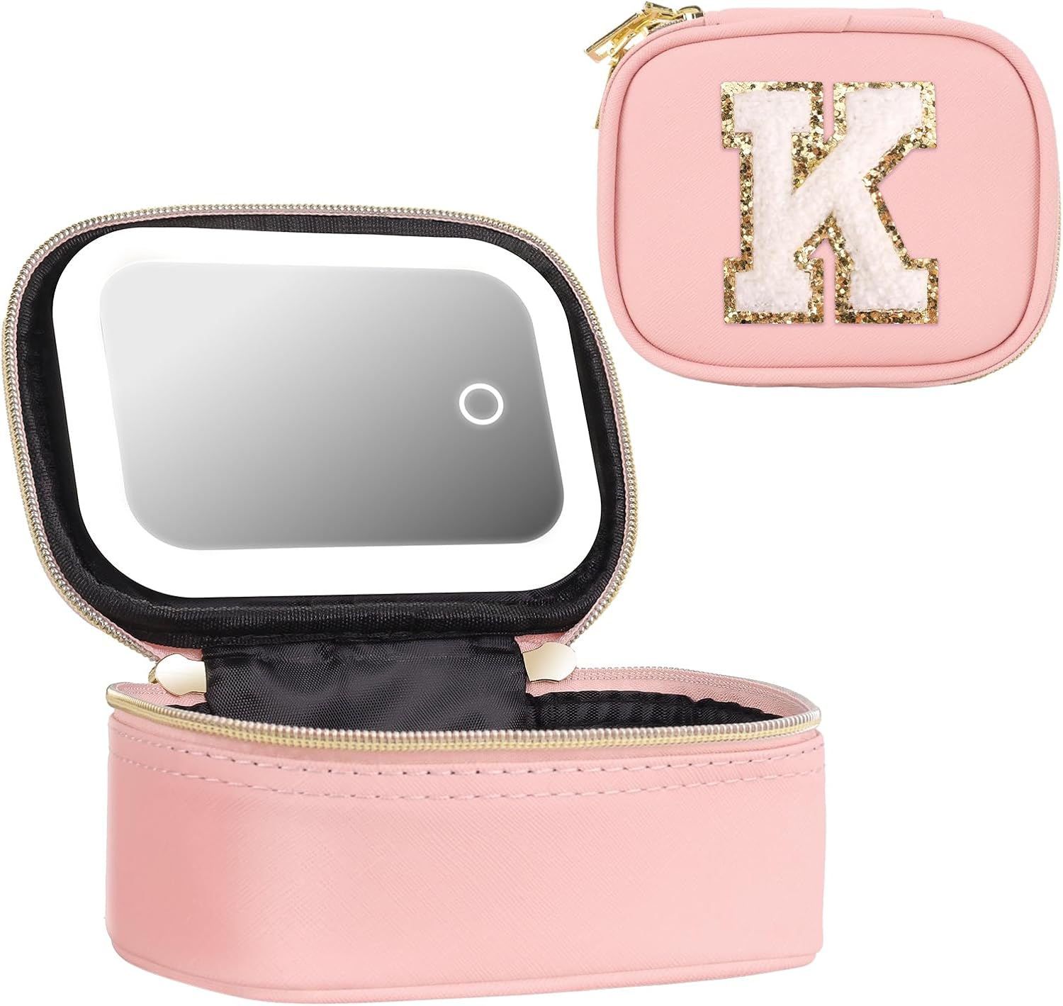 dadop Birthday Gifts For Women Teen Girl, Personalized Preppy Initial Makeup Organizer Bag, 10 11 12 13 14 15 16 17 18 Years Old Girls Gifts, Christmas Travel Gift Cosmetic Bag With LED Mirror - K
