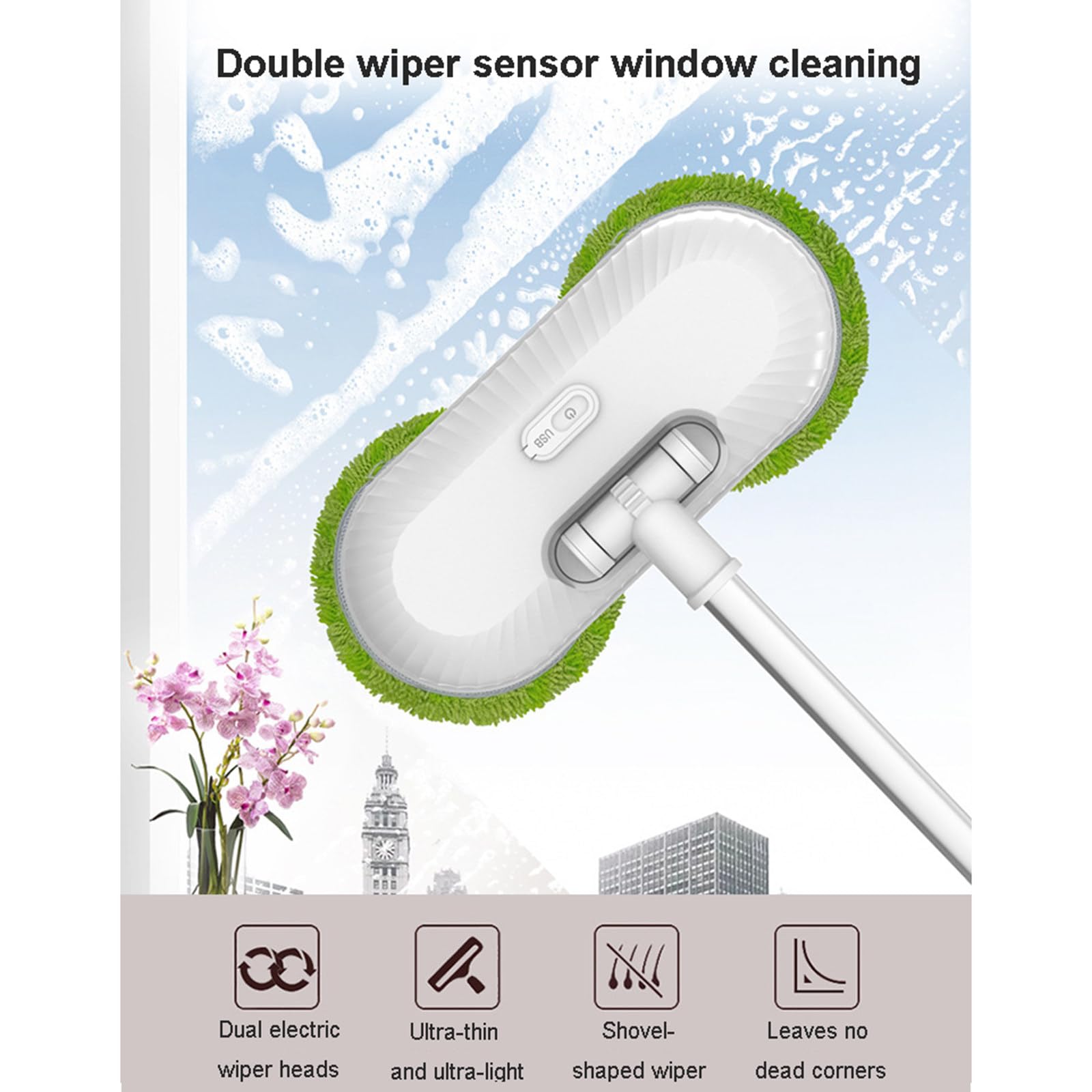 Limpiador de vidrio eléctrico, limpiador automático de ventanas inteligente con cabezal doble para el hogar, fregona telescópica, herramienta de limpieza de paredes,Pink