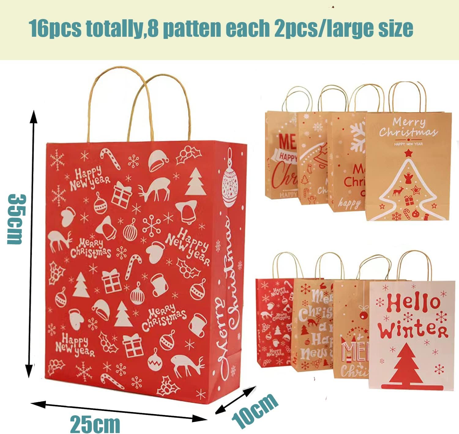 HBell 16pcs Christmas Kraft Gift Bags 8 Patterns Christmas Paper Bags with Handles,Gift Box,Elk,Snowflakes,Bells Design Gift Wrapping Bag,for Xmas Gift Packing,Festival Party Supplies - Image 3