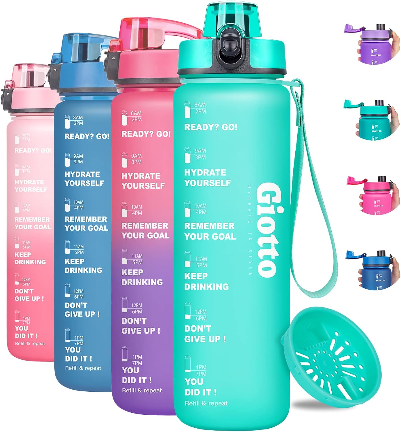 Giotto 32oz Motivational Water Bottle with Times & Removable Strainer to drink, Resuable Leakproof BPA Free Sports Water Jug to Remind You Drink More Water