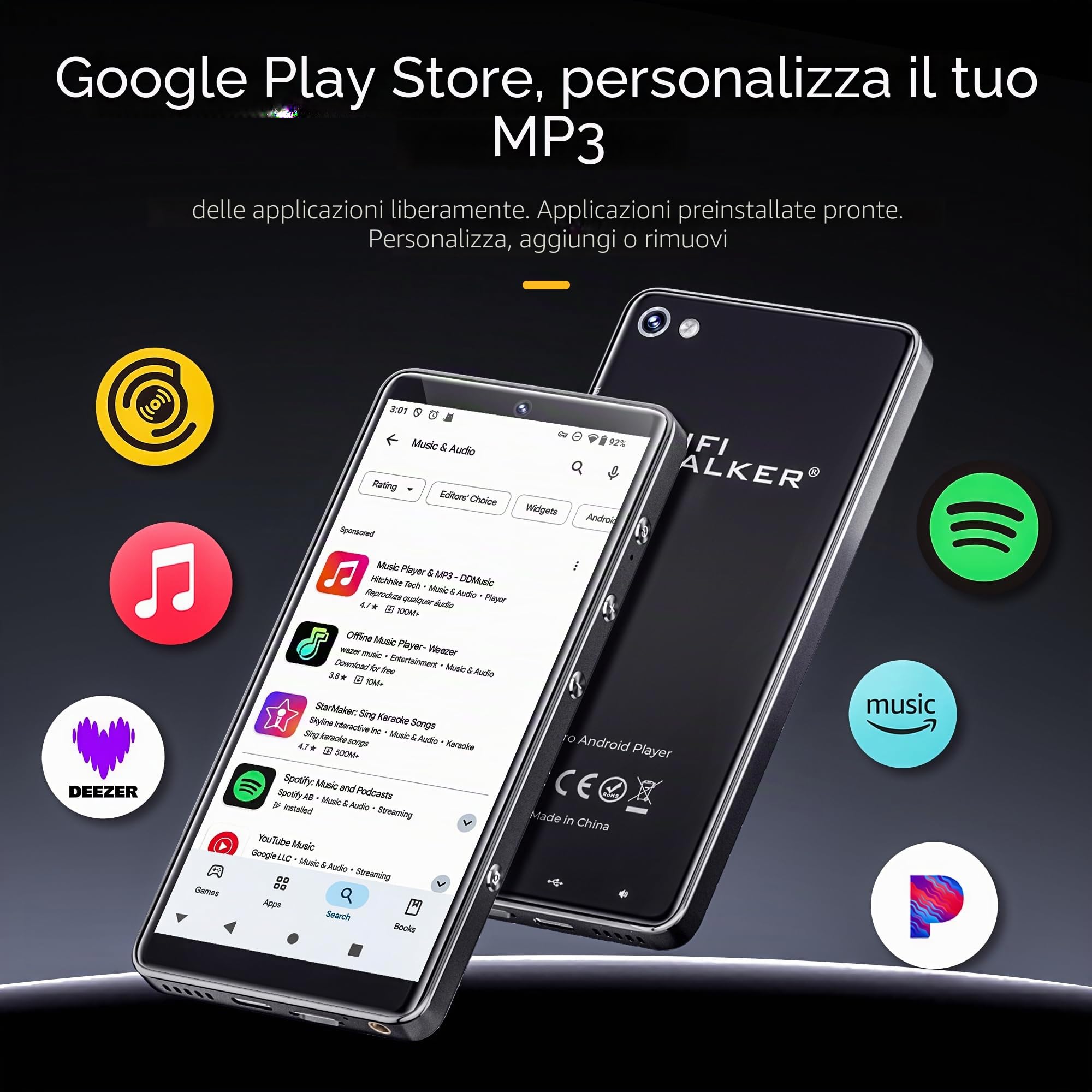 HIFI WALKER G7 Pro Lettore MP3 con Android 13, WiFi e Bluetooth, Schermo HD da 5,2", Lettore MP4 con Spotify, 3GB RAM 32GB ROM, Doppia Fotocamera, Altoparlante, Memoria Espandibile (160GB)