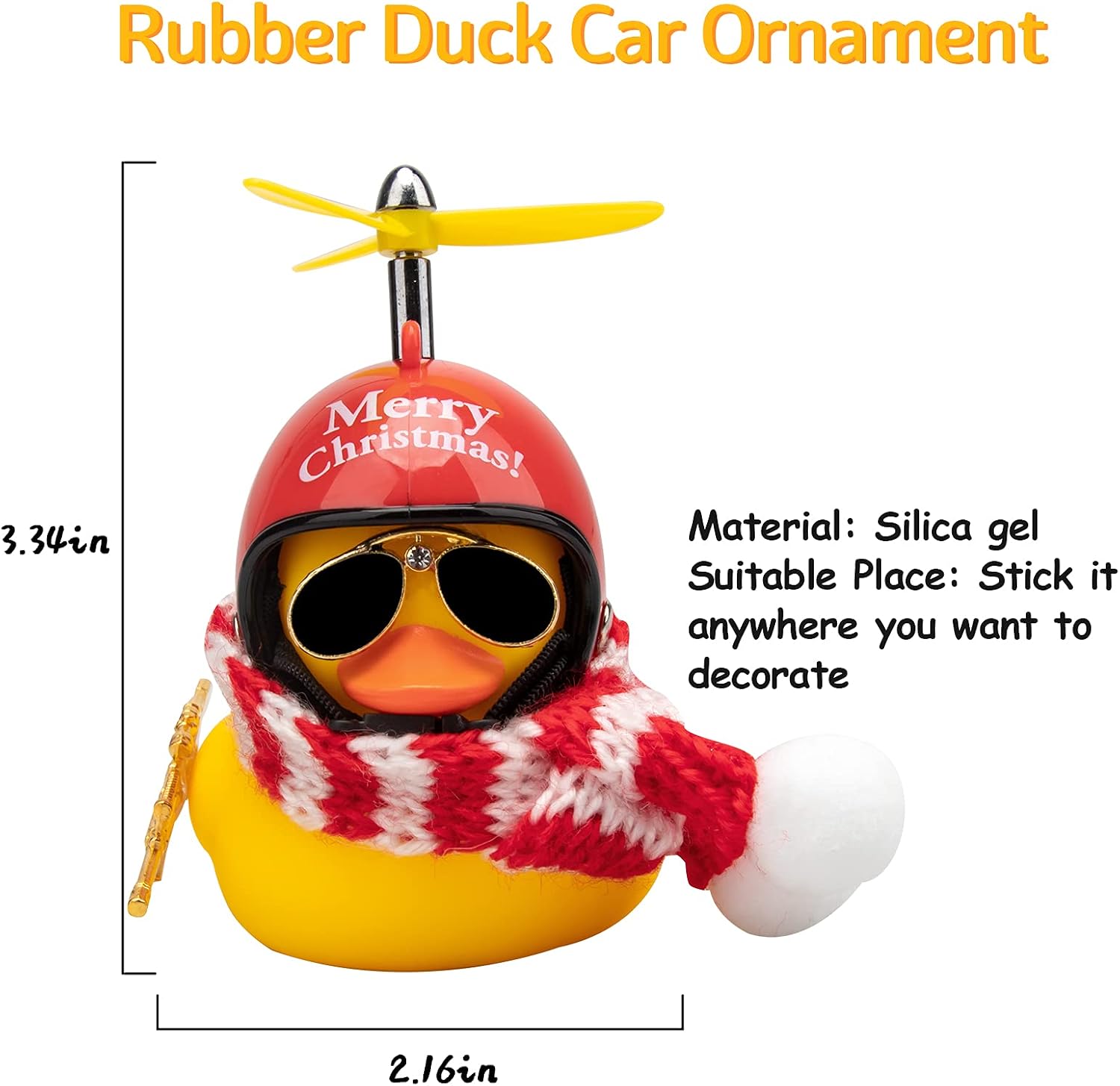 Wonuu Rubber Duck Car Decoration - Yellow Duck with Propeller, Helmet, Eyeglasses, Necklace & Double-Sided Tape - Cute Car Accessory for Kids