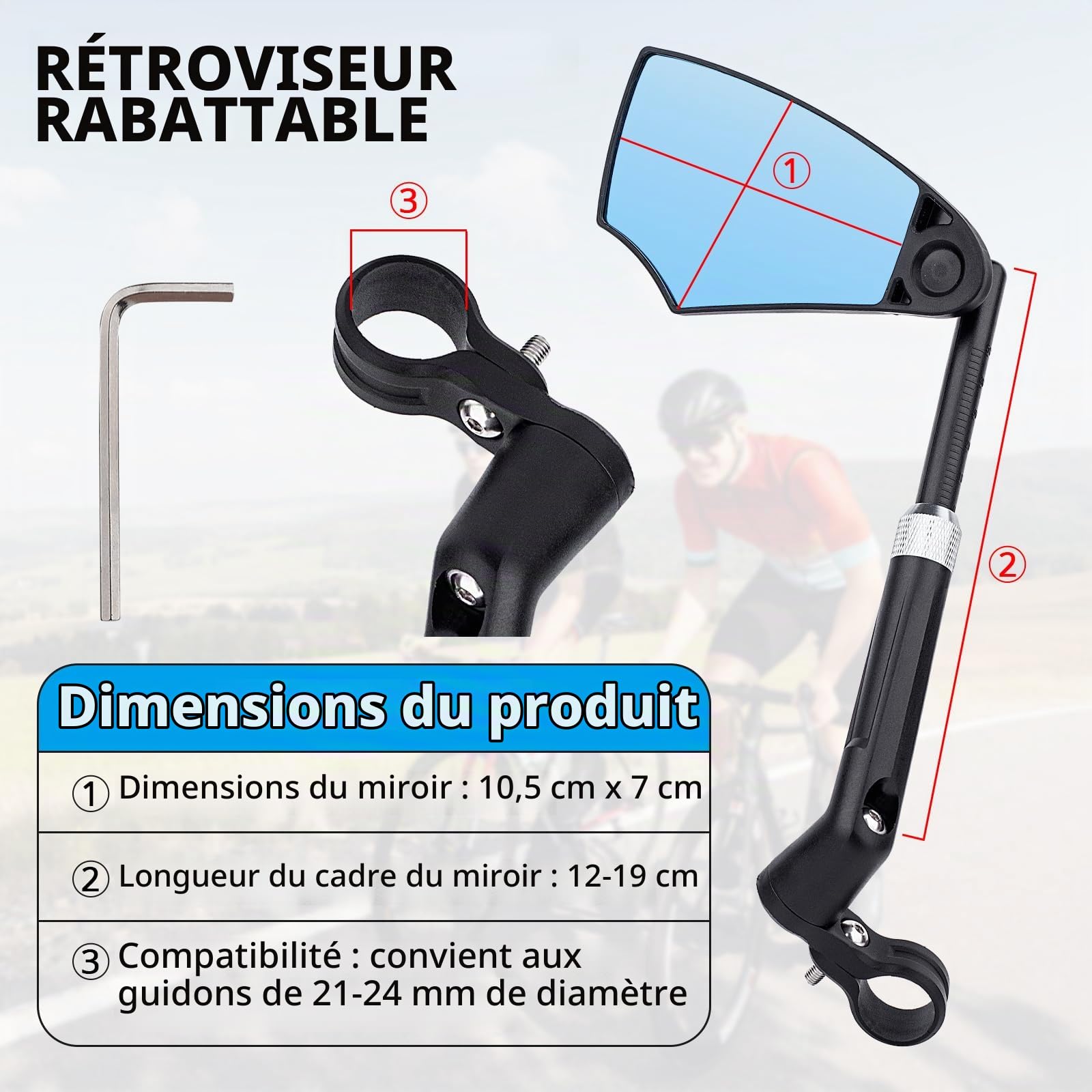 Lot de 2-360 degrés de rétroviseurs rétractables pour guidon de vélo, avec rotation plate antireflets, 21-24 mm