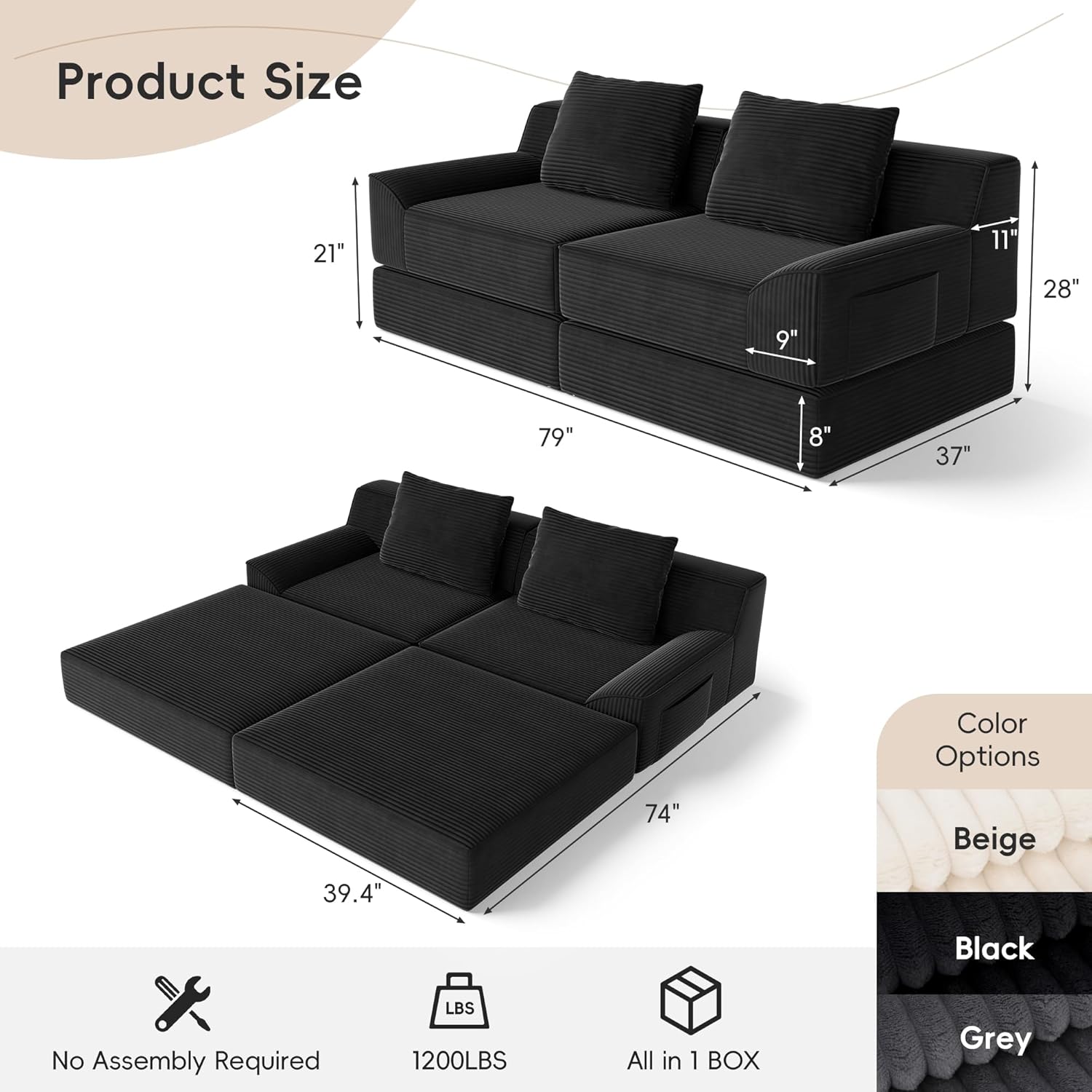 Cloud Modular Floor Sofa Bed, 79" Corduroy Convertible Loveseat Sleeper, No-Assembly Memory Foam Couch, Washable Cover & Non-Slip Bottom, Ideal for Small Space, Apartment, Guest Room (Black)