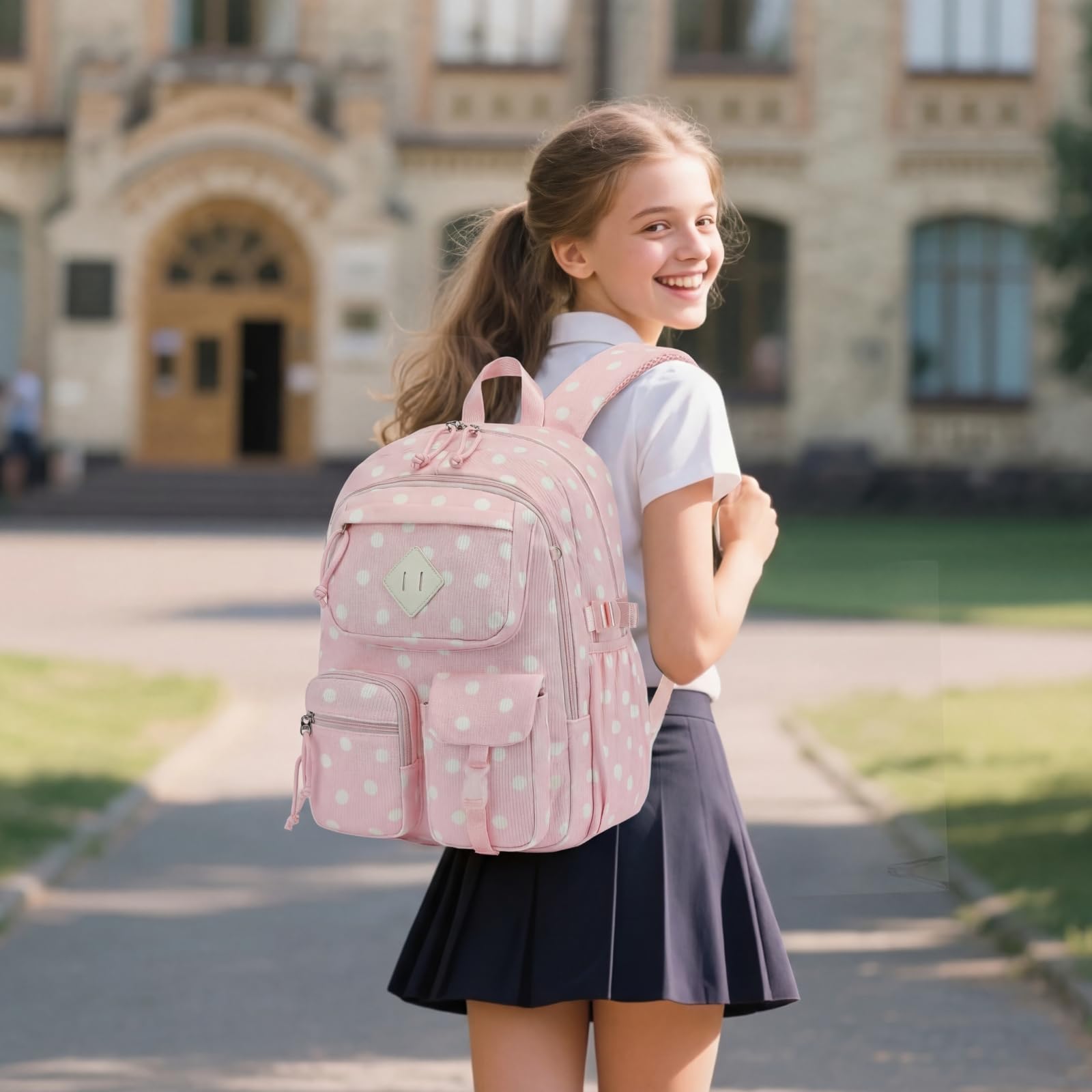 3-teiliges Schulrucksack-Set aus Cord für Mädchen, Kinder, großes Fassungsvermögen, Schultasche, Büchertaschen-Set mit Lunchbox und Federmäppchen, Cord, gepunktet, 16.5" x 11.9" x 6.3", Casual