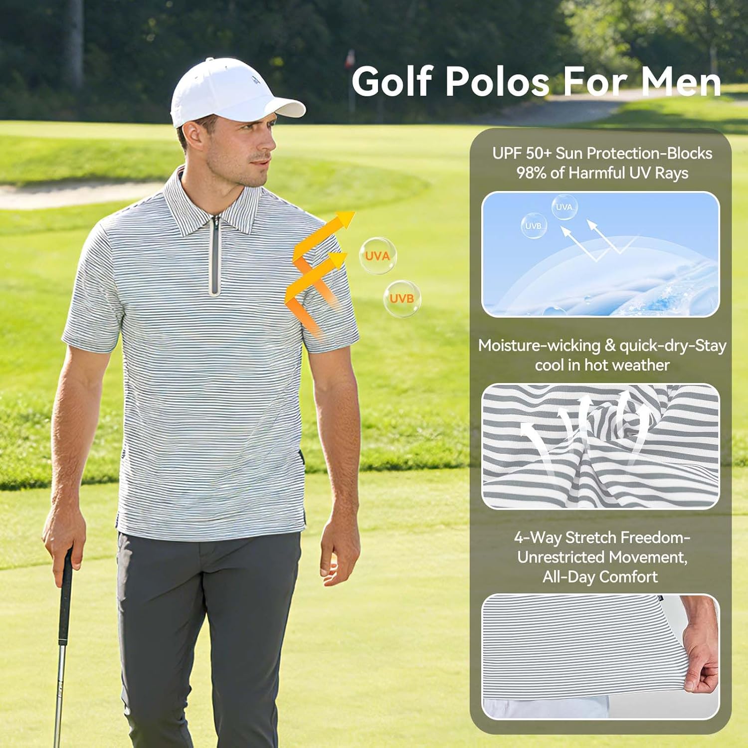 Men's Golf Quarter Zip Performance Short Sleeve Polo - Moisture Wicking Dry Fit Striped Golf Polo Shirts for Men