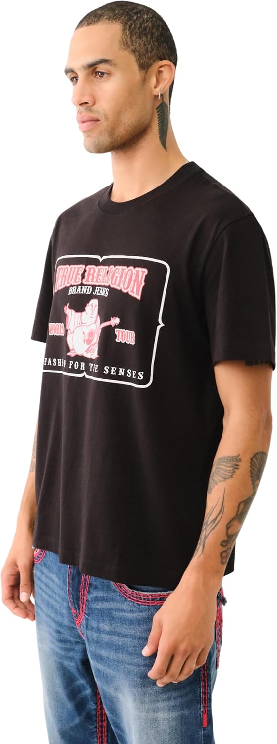 True Religion Men's High Density SRS Railroad Tee – Short Sleeve T-Shirt with Bold Railroad Graphic Design