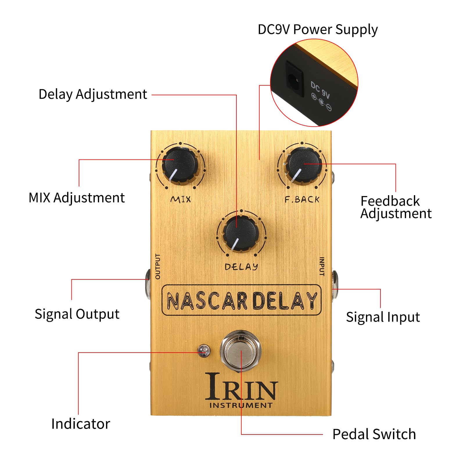 DELAY - Pedal de efecto de guitarra con 3 perillas de control para guitarra eléctrica con mezcla/retroalimentación/retardo