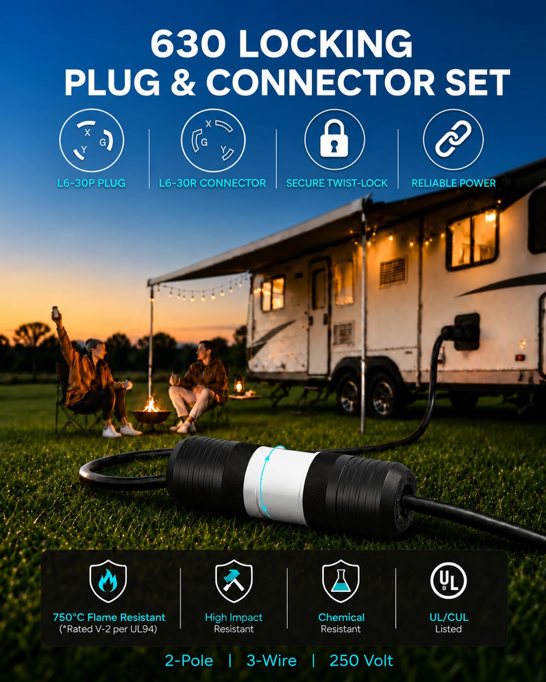 5 Pack NEMA L6‑30P Locking Plug 30 Amp Male 30A 250V Twist Lock L6‑30 Plug, Industrial Grade 2‑Pole 3‑Wire, Nylon & Brass, Secure L630P Plug for Generator, RV, Welding, Transfer Switch