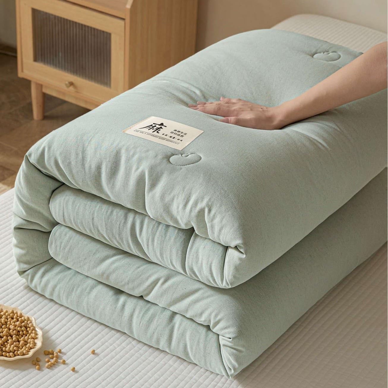 Couette 4 Saisons en fibre de soja et coton lavé vert Full 150x200cm 3kg pour lit double douillet
