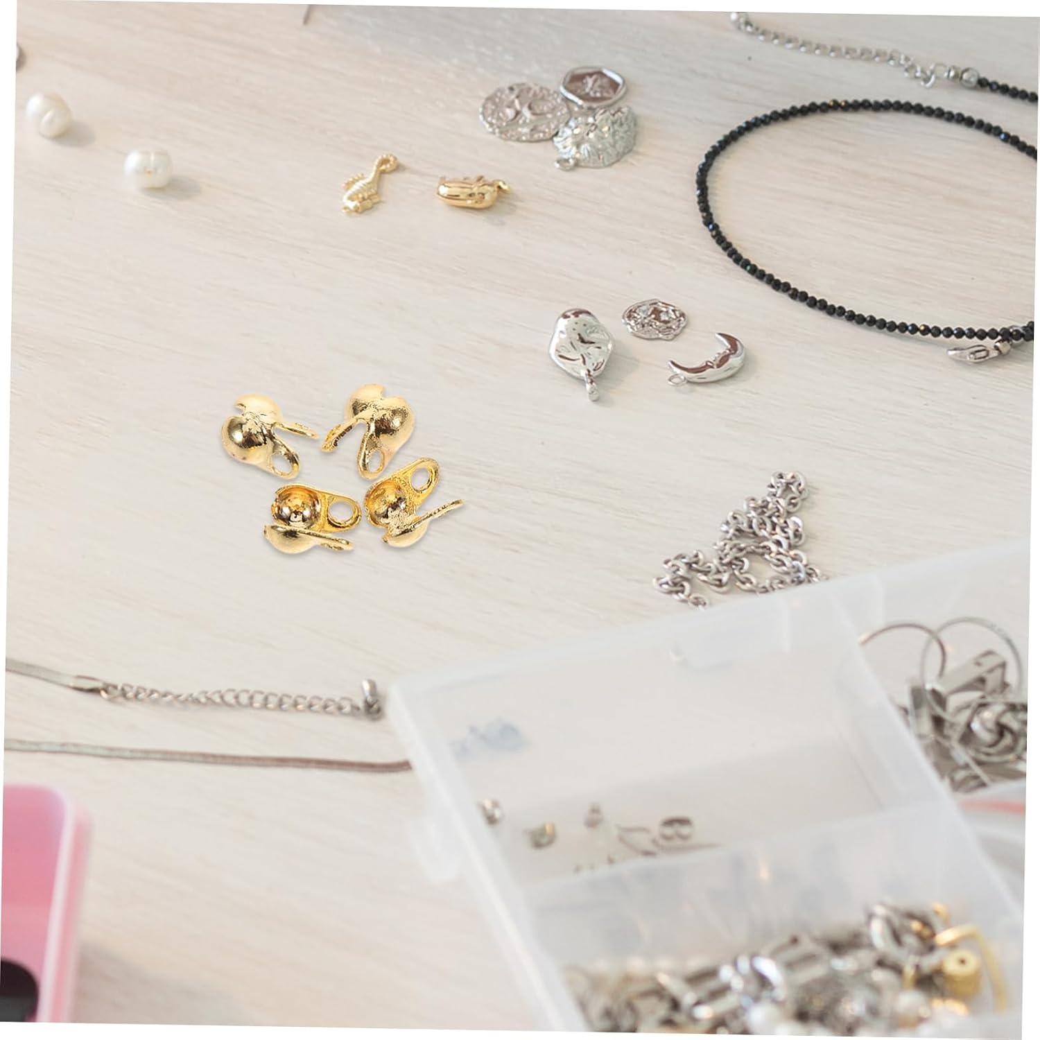 150pcs Crimp Beads End Caps for DIY Jewelry Making Metal End Buckle Kit for Necklaces and Bracelets Copper Plated Gold Finish Easy Assembly