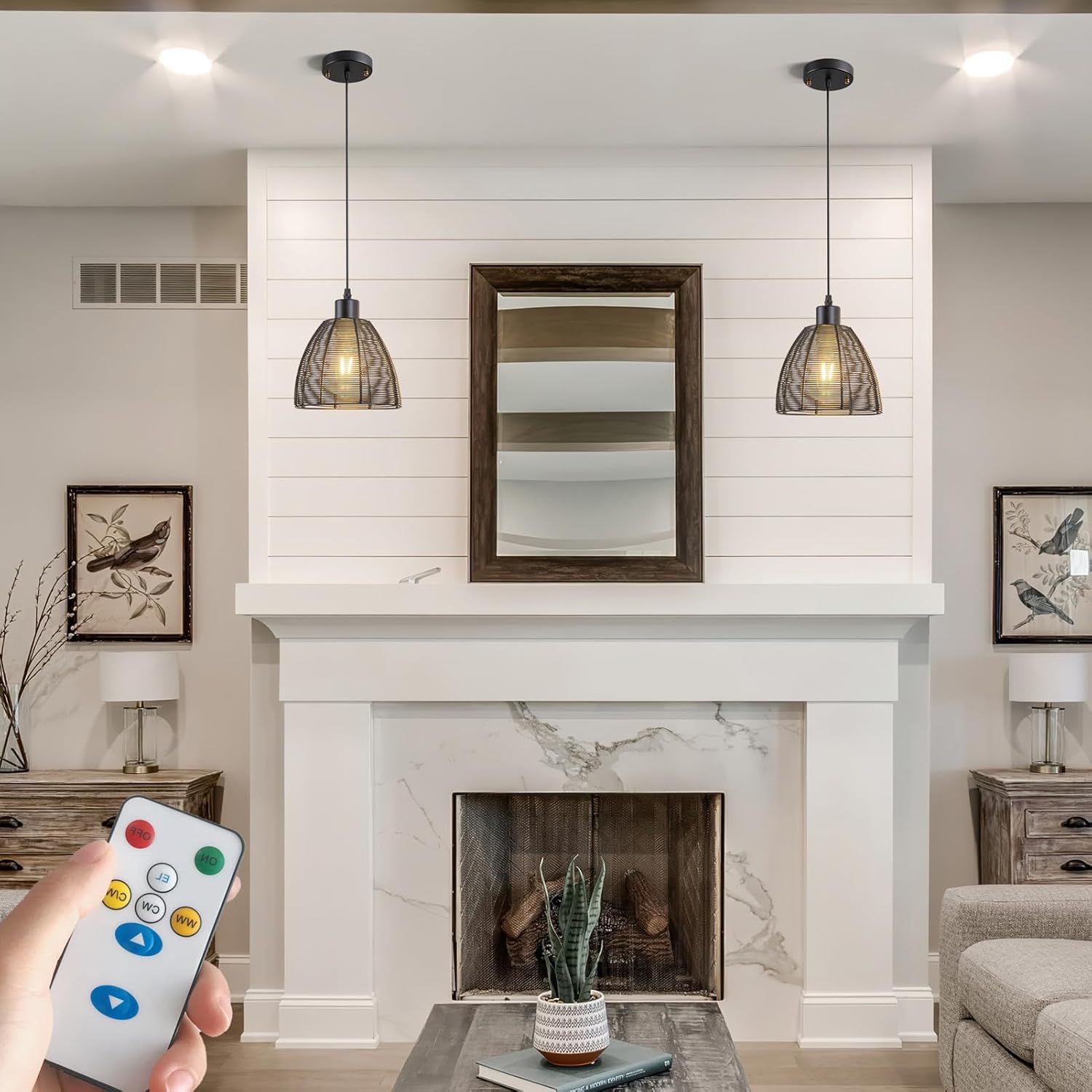 Battery Operated Pendant Light with Remote-2 Pack Hanging Lights Handmade Metal Not Hardwired, 30+ Hours Battery Powered Rechargeable Light Bulbs Good for Kitchen Island Living Room (Color