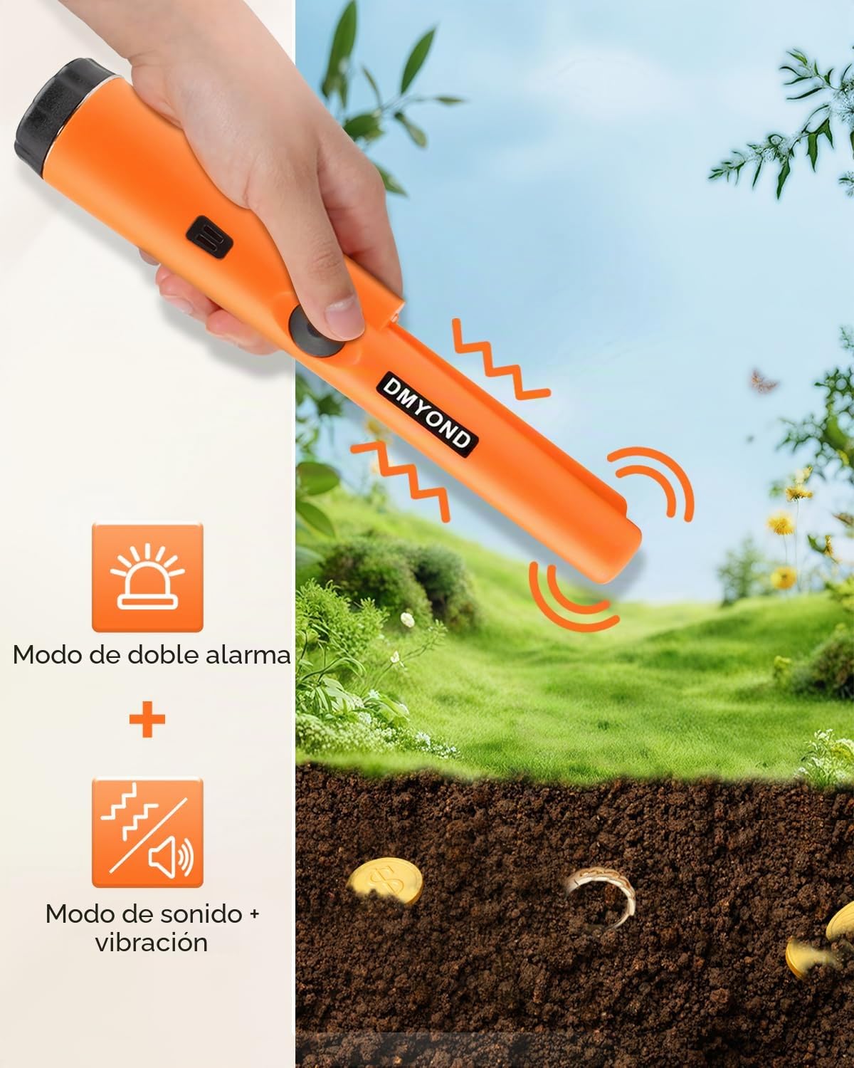 Dmyond Detector de metales Pinpointer – Varita de puntero de mano impermeable profesional – Detección de 360° de alta sensibilidad – Sonda de búsqueda de tesoros para adultos y niños, naranja