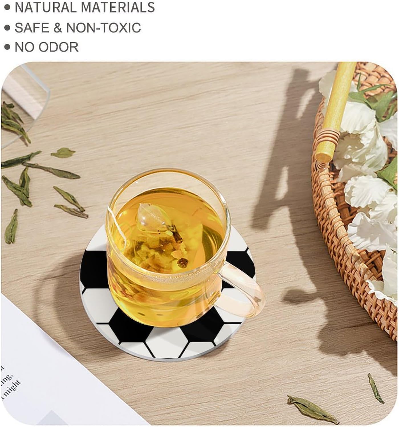 Soccer Pattern Round Ceramic Coasters Print Drinks Absorbent with Cork Base for Home Decor Gifts 4 Inch