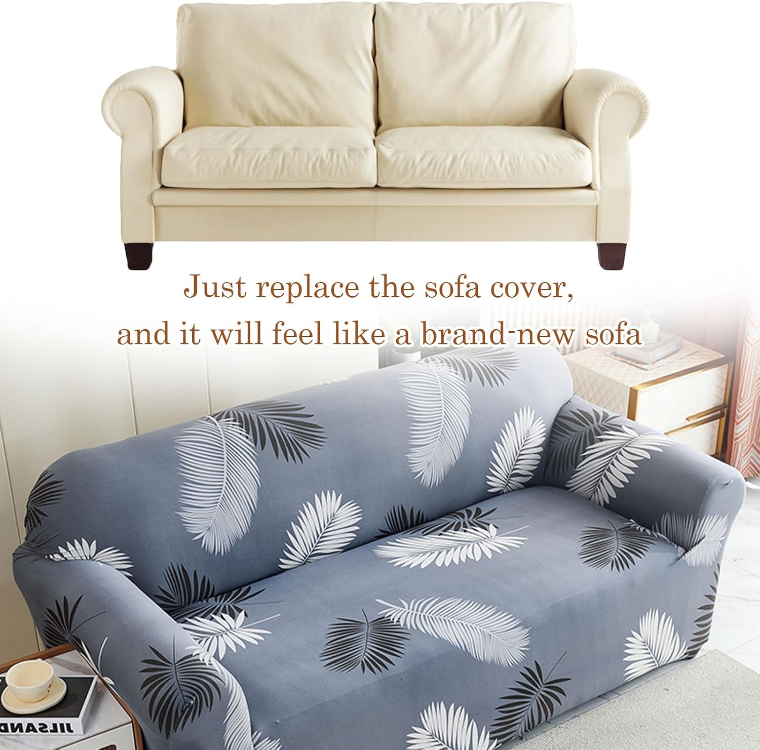 Printed Stretch Sofa Cover Fashion Decorative Large Couch Protector Abstract Botanical Furniture Slipcover for Living Room Grey Leaves 3 Seater