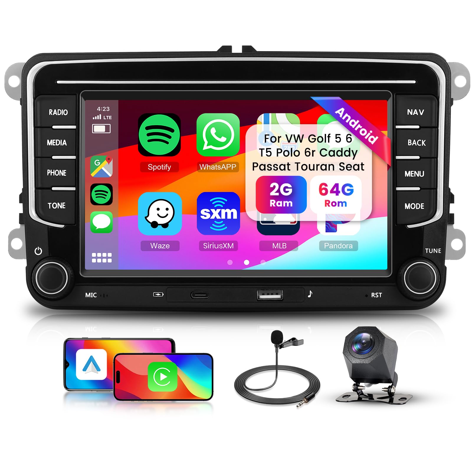 Hodozzy 2G+64G Android Autoradio für VW Golf 5 6 T5 Polo 6r Caddy Passat Touran Seat mit Wireless Carplay Android Auto, 7 Zoll Touchscreen mit Navi WiFi Bluetooth DSP FM/RDS Radio mit Rückfahrkamera