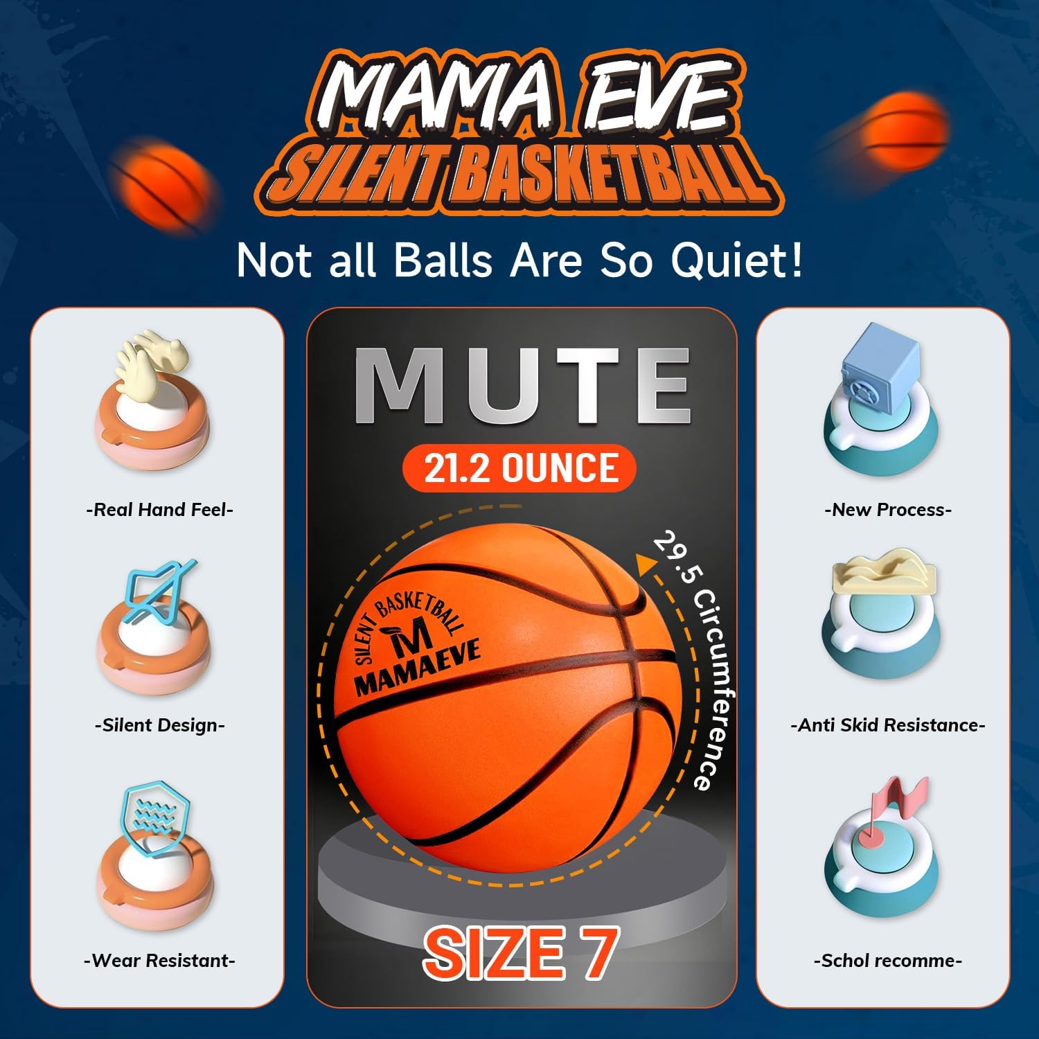 Silent Basketball Size 7-Size 5-Size 3, New Upgraded Weight Grooved Airless Indoor Basketball, Non-derforming Package, Real Feel & Bounce Like Official Ball, Quiet Dribbling Indoor Training yellow Size 7