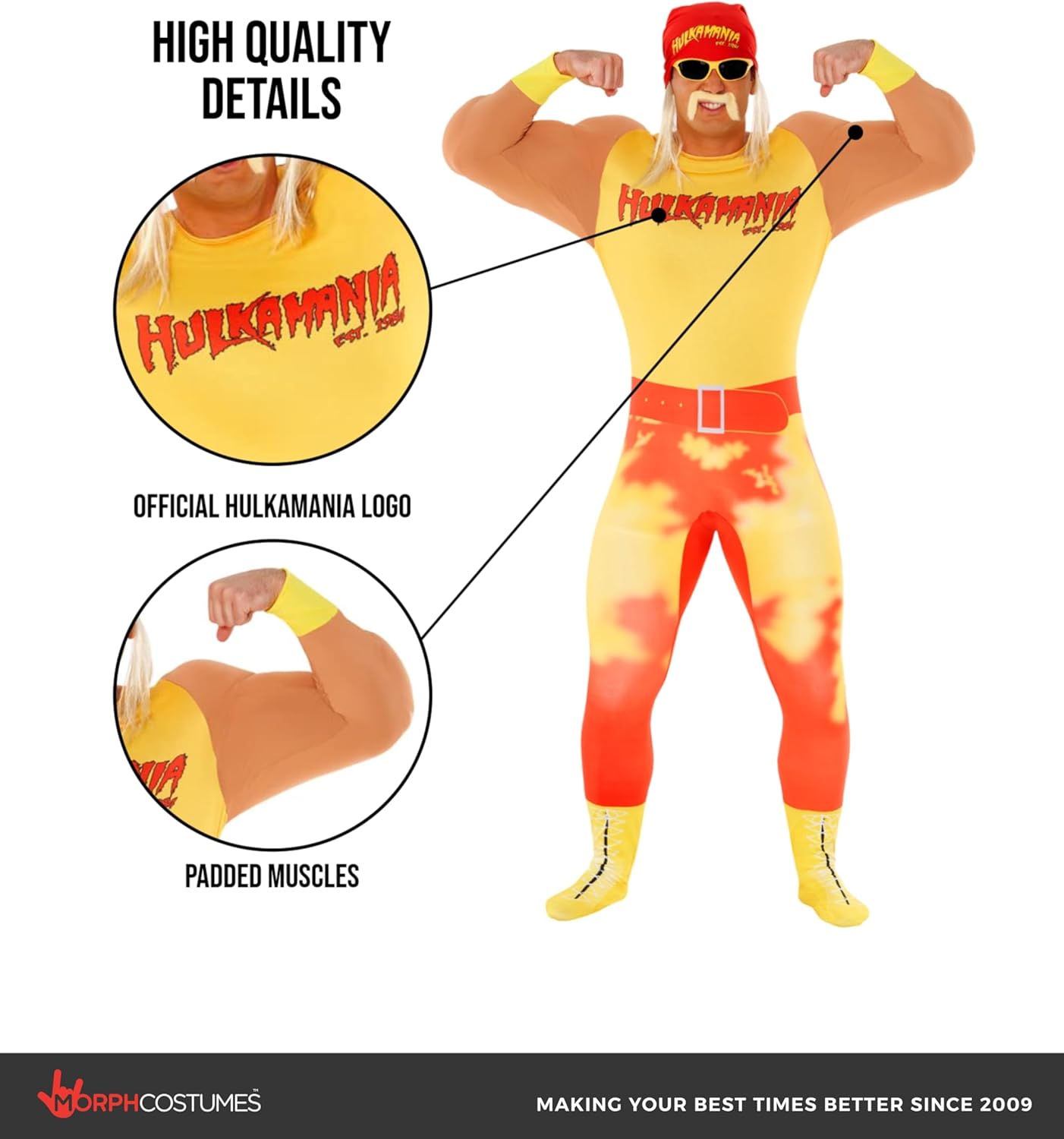 Morph Hulk Hogan Costume, WWE Costume, Hulk Hogan Wrestling Adult Outfit, WWE Wrestling Halloween Outfit with Accessories - Image 3