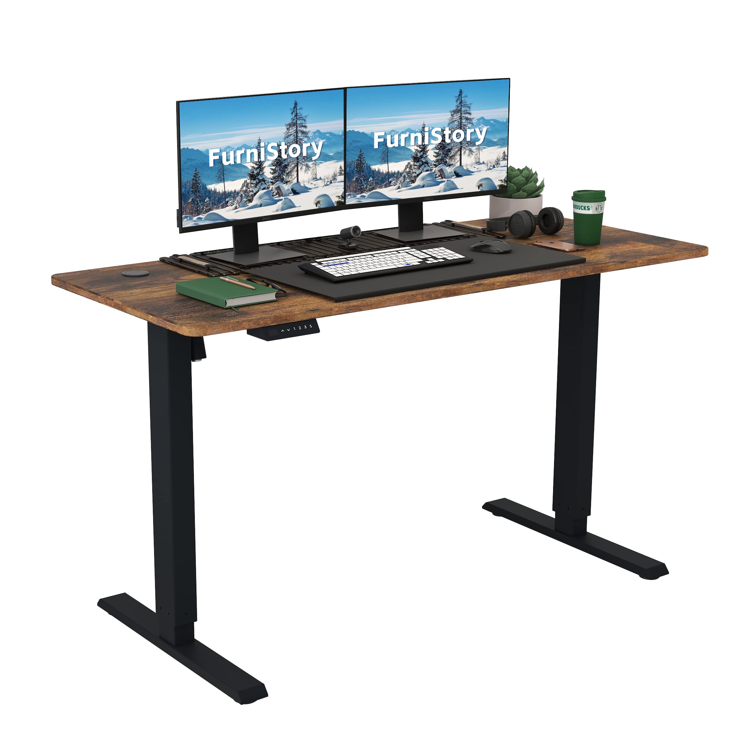 Photo 1 of FurniStory Electric Standing Desk with Whole Board, 55 x 24 Inches Height Adjustable Sit Stand Up Desk, Home Office Desk with 3 Memory Controller (Rustic Brown, 55 Inches) 55 Inches Rustic Brown