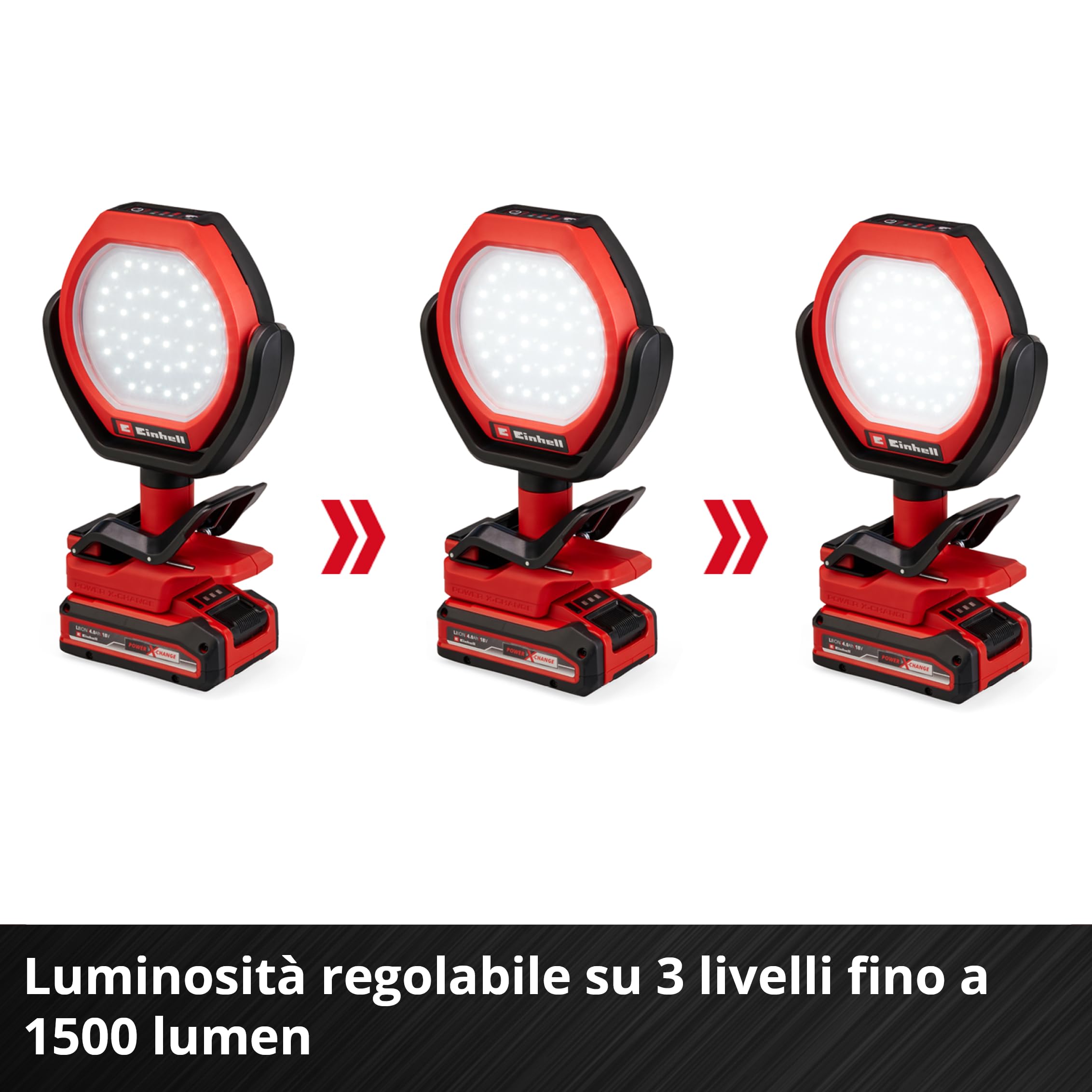 Einhell Outdoor Lampada a batteria GC-OL 18/1500 Li-Solo Power X-Change (18 V, 1500 lm, 7000 K, portata 4 m, testata orientabile, 3 stadi di illuminazione, batteria esclusa)