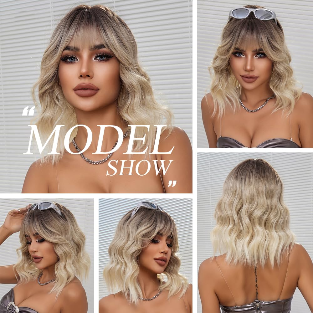 Ombre Blonde Perücken für Frauen Kurz Gewellt Perücke mit Pony Natürliches Synthetisches Haar Hitzebeständig Perücken für Tägliche Party Cosplay Tragen