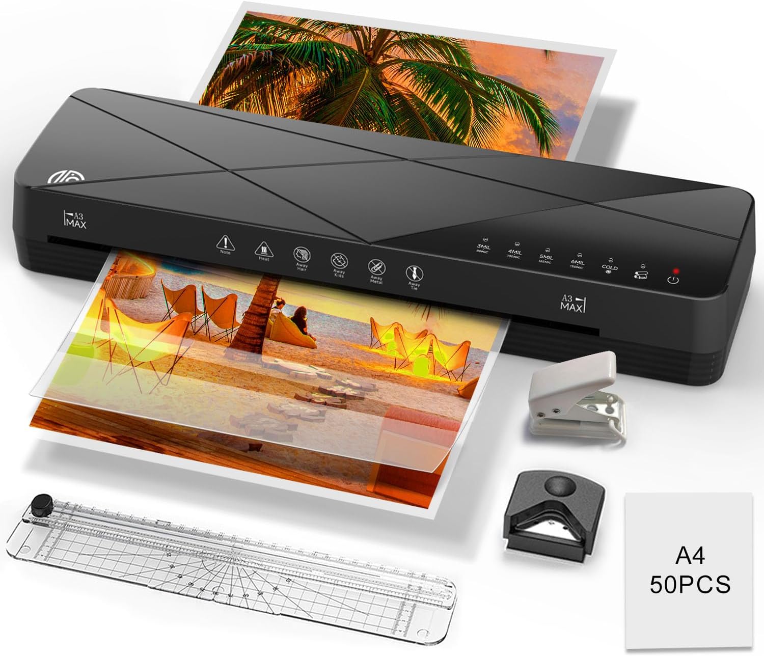 Crenova 13-inch Laminator Machine with included accessories and laminated documents.