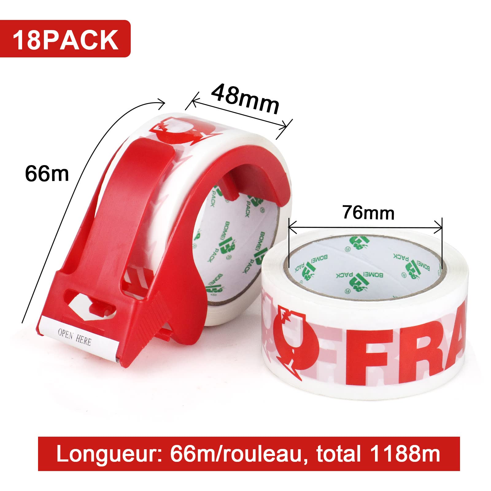 BOMEI PACK 18 Rouleaux Ruban Adhésif Fragile 48 mm x 66 m avec dévidoir pour colis et boîtes, Ruban adhésif emballage fragile