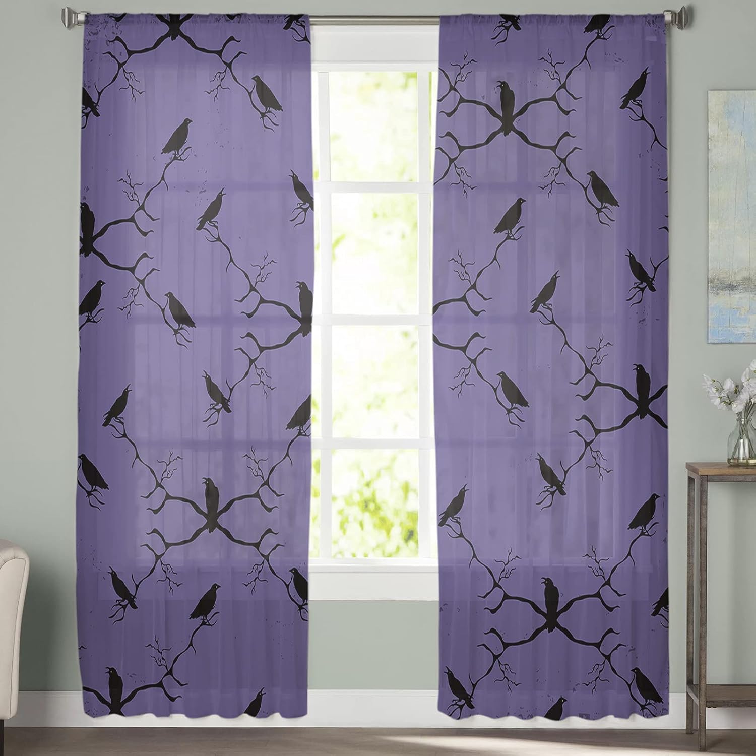 Sheer Curtains 84 Inches Long, Halloween Black Crow Tree Branch Purple Window Treatment Panels Light Filtering Rod Pocke Curtain Voile Drapes for Bedroom/Living Room Each 52" W x 84" L