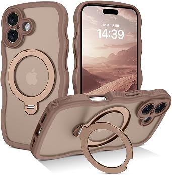 YINLAI Case for iPhone 17 6.3", Compatible with Magsafe Magnetic with 360 Spin Ring Holder Rotating Invisible Stand Cute Wave Slim Translucent Matte Shockproof Protective Phone Cover, Desert Titanium