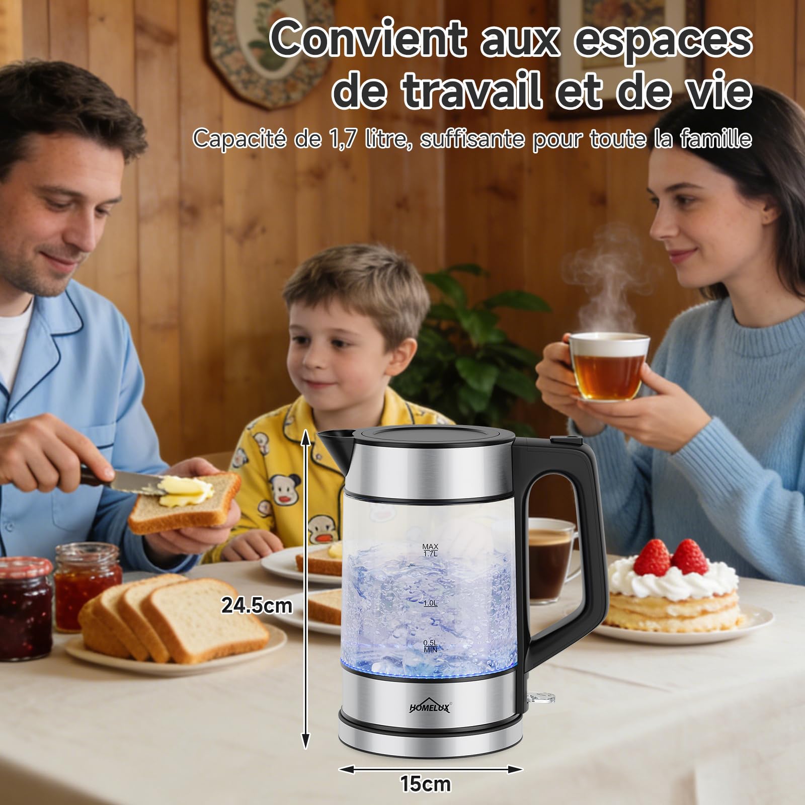HOMELUX Bouilloire électrique en verre transparent 1,7 L, 2200 W