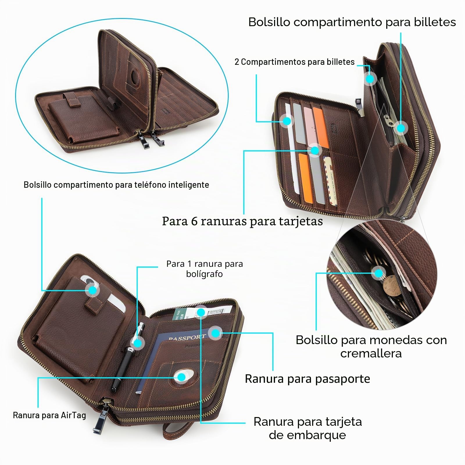 Carta de viaje para hombre de piel auténtica con correa de mano, bloqueo RFID para pasaporte, gran capacidad, bolso de mano para teléfono móvil
