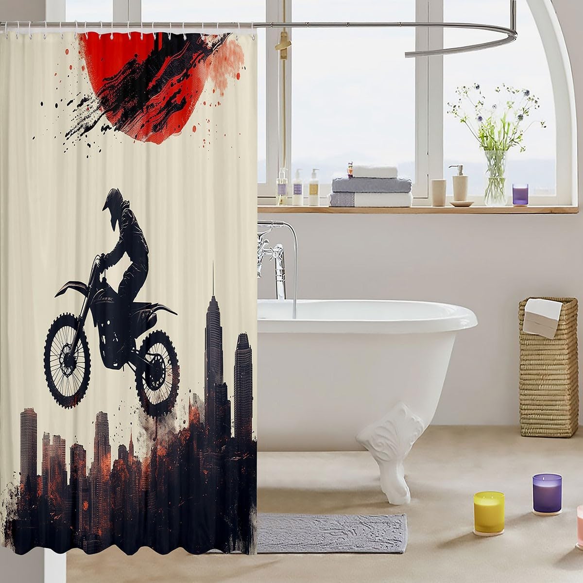 Feelyou Kids Dirt Bike Shower Curtain Racing Motocross Bathroom Shower Curtain Set Motorcycle Bath Curtain Boys Girls Motorbike Teens Bathroom Accessories Bedroom Decor 72"x72" image 3