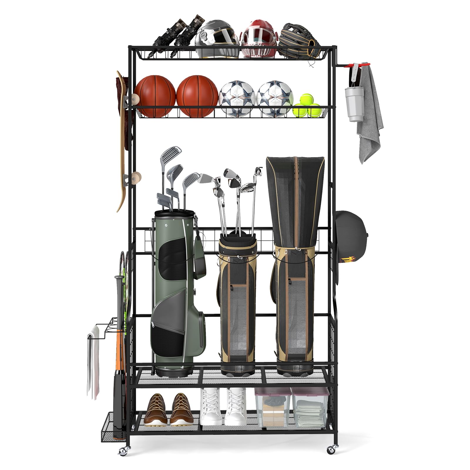 COSTWAY Sports Equipment Organizer, Metal Ball Storage Rack with Universal Wheels, Basket and Side Hooks, Rolling Golf Accessories Stand for Gym & Garage (132 x 40.5 x 194 cm, with Bottom Shelves)