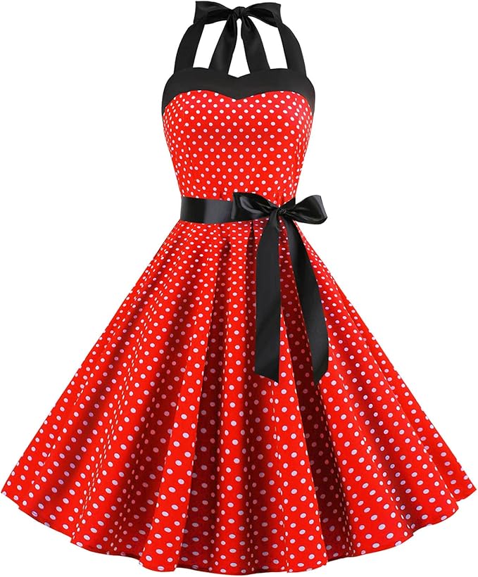 Women Dresses Sale Clearance,Party Elegant Ladiess A Line Flare Vintage Dress Halter Bowknot Prom Swing Short Sleeve Polka Dot Printing Party Dress for Special Occasions UK Size S-5XL