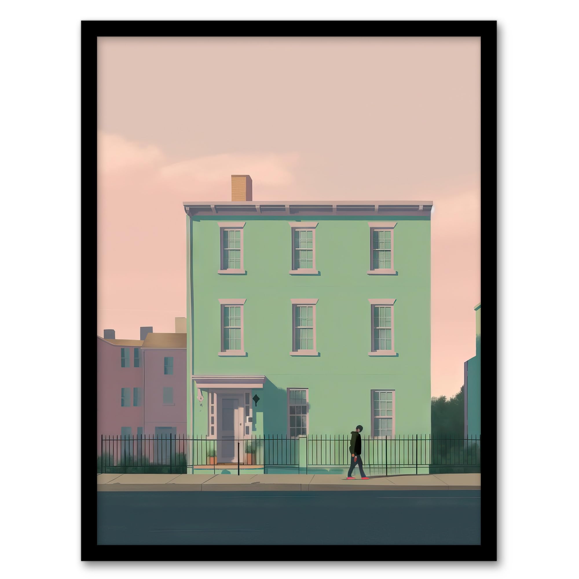 Artery8 Sage Green House By Amy Denver Minimalist Soft Pastel Pink Minimalism Simple Modern Artwork Artwork Framed Wall Art Print 18X24 Inch