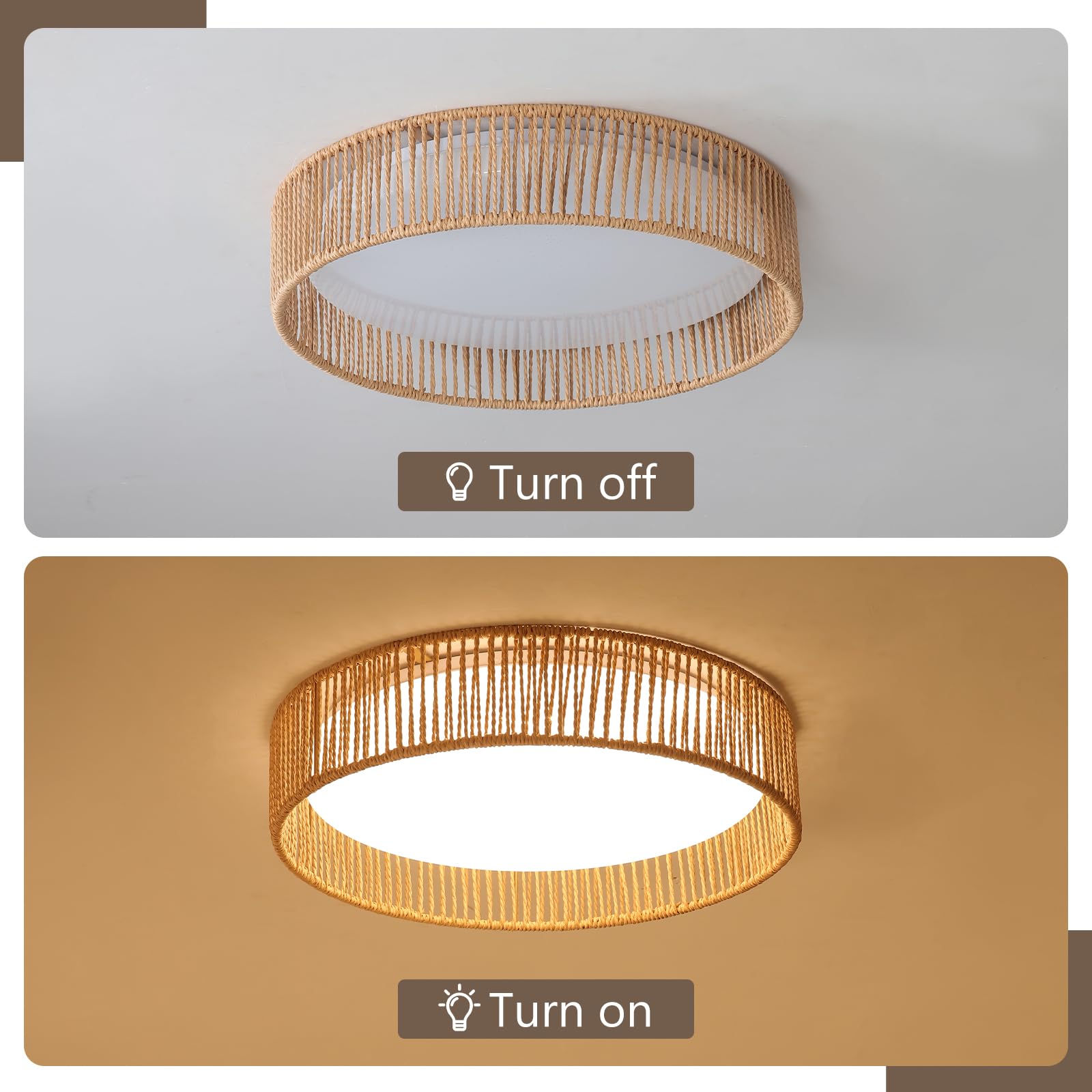 LED Deckenleuchte Rattan wohnzimmerlampe Dimmbar 36W, 43cm Deckenlampe rattan, Für Schlafzimmer Wohnzimmer Flur Esszimmer