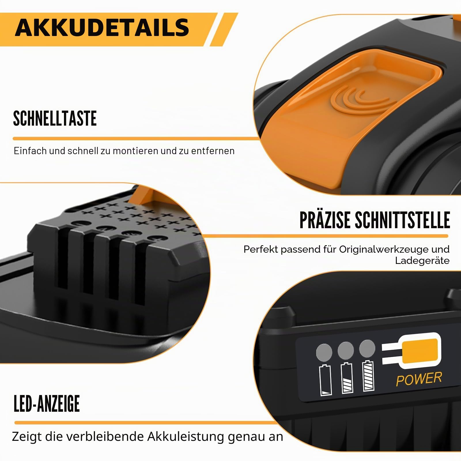 2X 8000mAh/8.0Ah Ersatz für Worx Akku 20V 8,0 Ah WA3553 WX166.4 WA3572 WX390 WU268 WX372.1 WX800 WG259E WA3760 für Worx-Akku-Elektrowerkzeuge (orange)