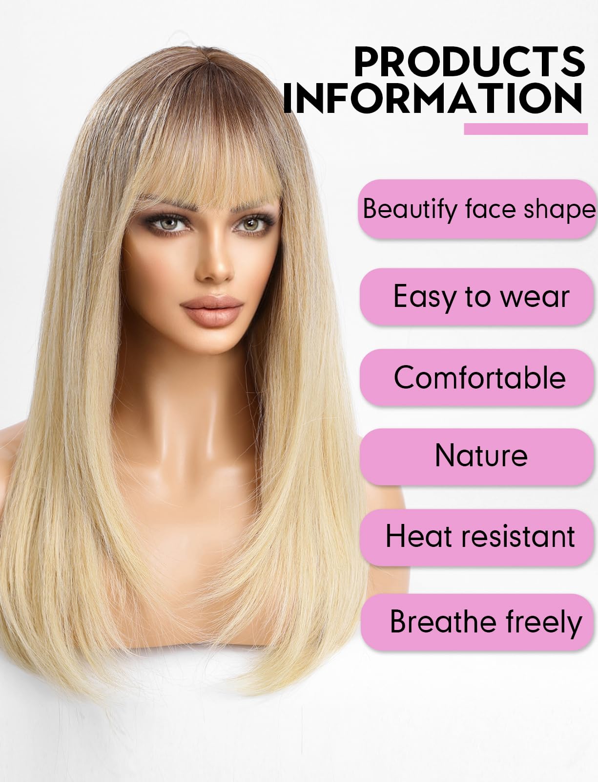 WOKESTAR Long Straight Wigs for Women with Fringe Layered Synthetic Light Blonde Color Wigs for Women, average - Image 4