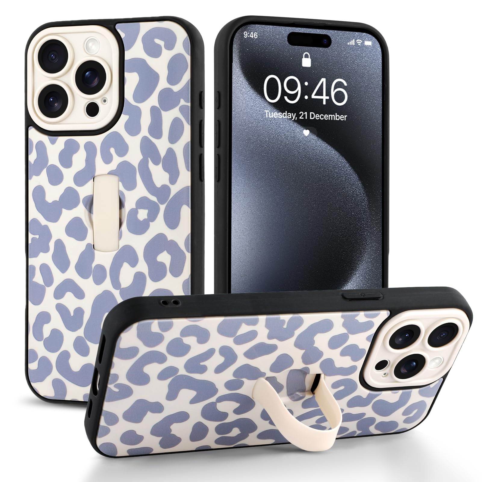 Jefonha Compatible with iPhone 15 Pro Max Case with Finger Hand Strap Kickstand, Trendy Cool Leopard Cheetah Print Phone Case for Women Men, Full