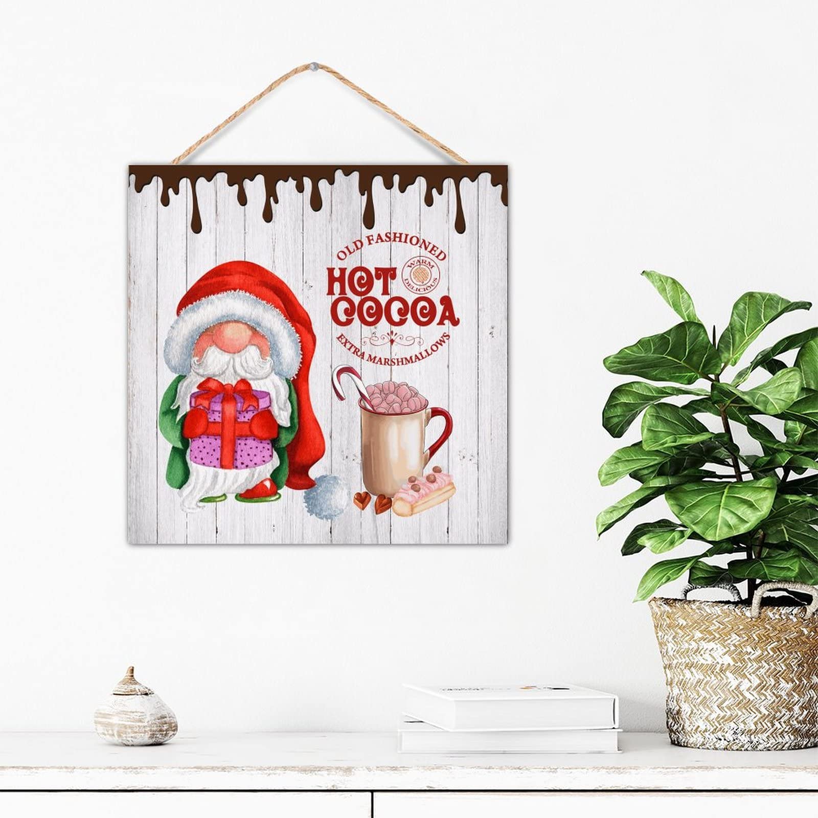 Panneau en bois de qualité supérieure avec motif Nain de Noël et Hot Cocoa