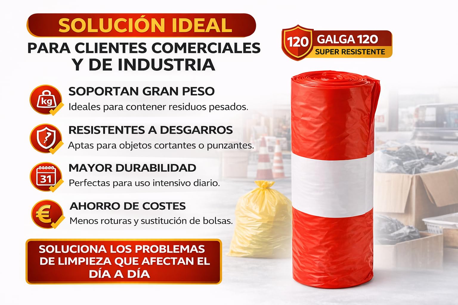 Bolsas de Basura Extra Resistentes Galga 120 – 85 x 105 cm – Color Rojo – Alta Capacidad y Antidesgarro – 50 Rollos de 10 Bolsas – Uso Profesional y Doméstico